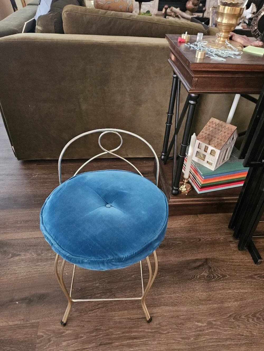 Vintage Brass Tufted Blue Velvet Accent Stool Hollywood Regency